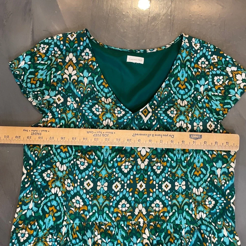 Garnet Hill Green Ikat Geometric V-Neck Drop Waist Tiered Dress Pockets Size 12 - Picture 3 of 9